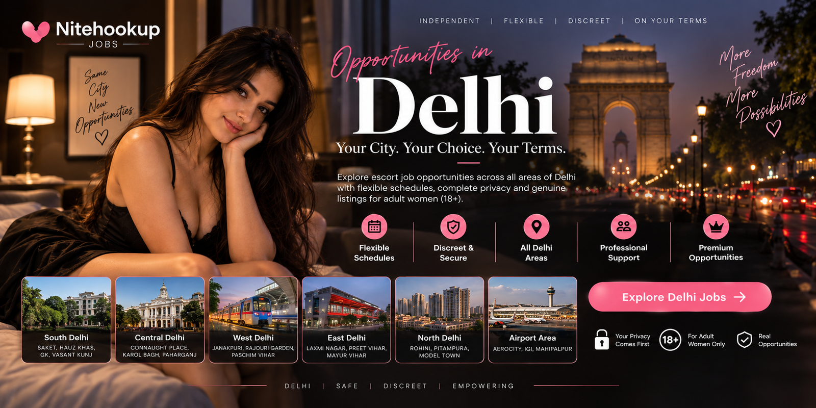 Delhi escort job opportunities across South Delhi, Central Delhi, West Delhi, East Delhi and North Delhi
