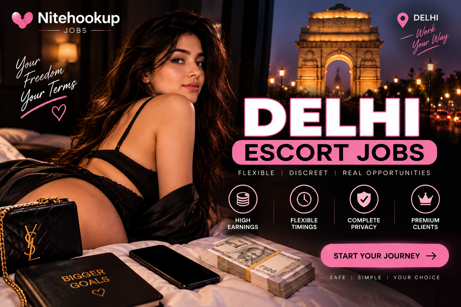 Delhi escort jobs banner showing an adult woman, flexible timings, earning opportunities and premium job options