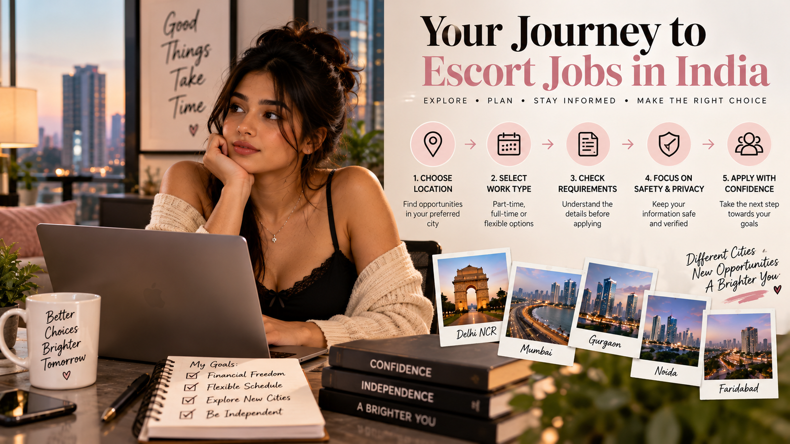 Adult woman researching escort job opportunities on a laptop in a bright modern workspace, with an infographic covering city selection, work types, requirements, privacy, safety and applications across Delhi NCR, Mumbai, Gurgaon, Noida and Faridabad.