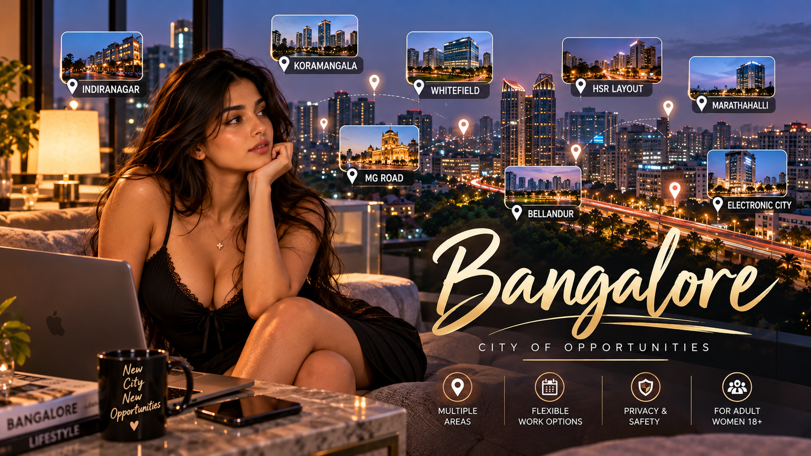 escort jobs in Bangalore banner featuring an adult woman and the Bengaluru skyline, highlighting Indiranagar, Koramangala, Whitefield, HSR Layout, Marathahalli, MG Road, Bellandur and Electronic City.